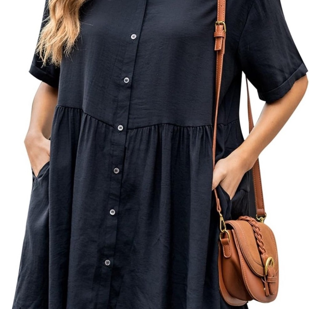 Black Button-Up Dress with Brown Crossbody Bag